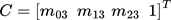 {"id":"73","backgroundColorModified":false,"type":"$$","font":{"color":"#000000","size":11,"family":"Arial"},"aid":null,"code":"$$C=\\left[m_{03}\\,\\,\\,m_{13}\\,\\,m_{23}\\,\\,\\,1\\right]^{T}$$","backgroundColor":"#ffffff","ts":1759529803092,"cs":"DQz8ceeWBTKZC4bX5TKTzg==","size":{"width":170,"height":20}}