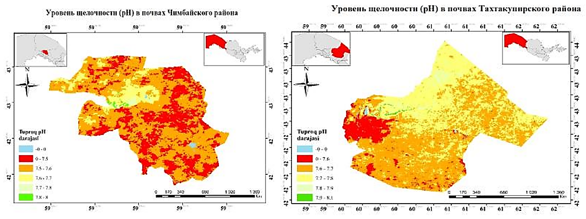 Рисунок 2. рН-среда почв, распространенных в различных районах Республики Каракалпакстан