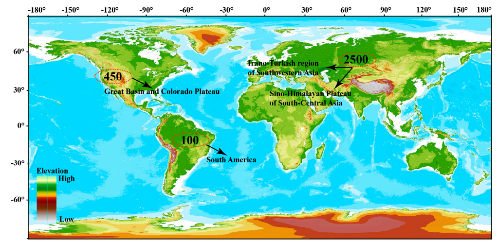 Рисунок 1. Основные центры распространения рода Astragalus (Dong et al., 2024)