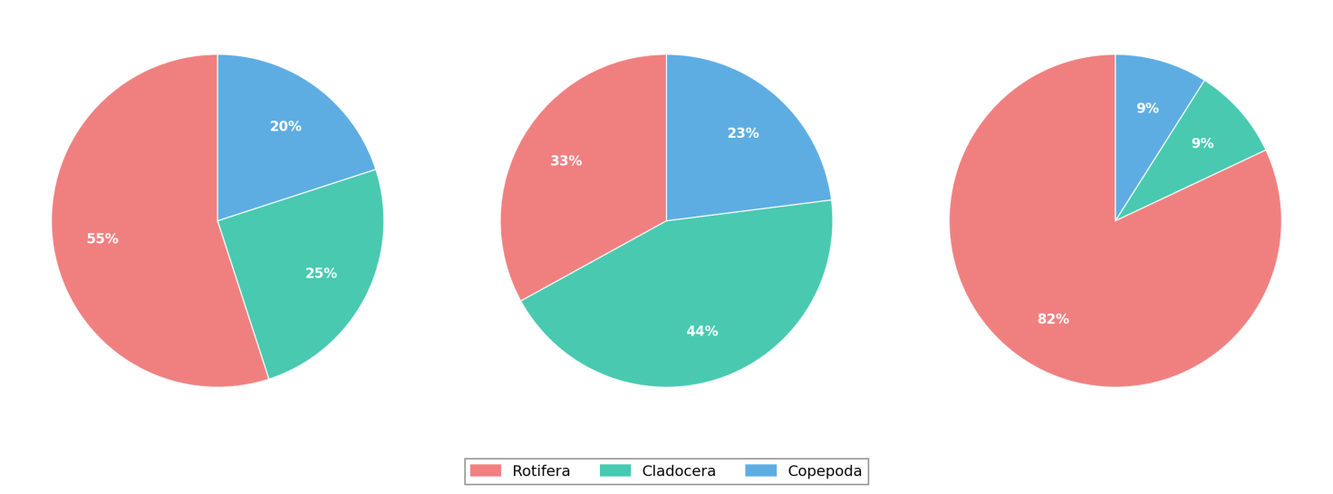 Figure 4. Taxonomic composition of zooplankton communities in the three study water bodies of the lower Amudarya (field surveys 2022–2023). Proportions of Rotifera, Cladocera, and Copepoda.