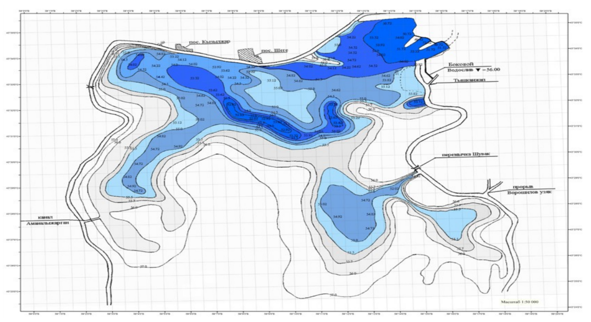 Figure 3. Isobath map of Mezhdurechie reservoir, 2002